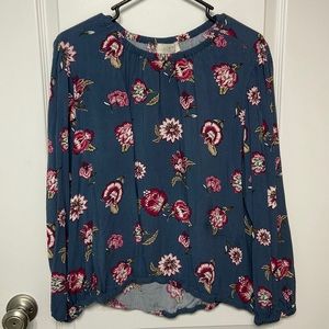 Loft Women Blouse XL Gray/Blue w/ floral pattern Elastic neckline/sleeves/bottom